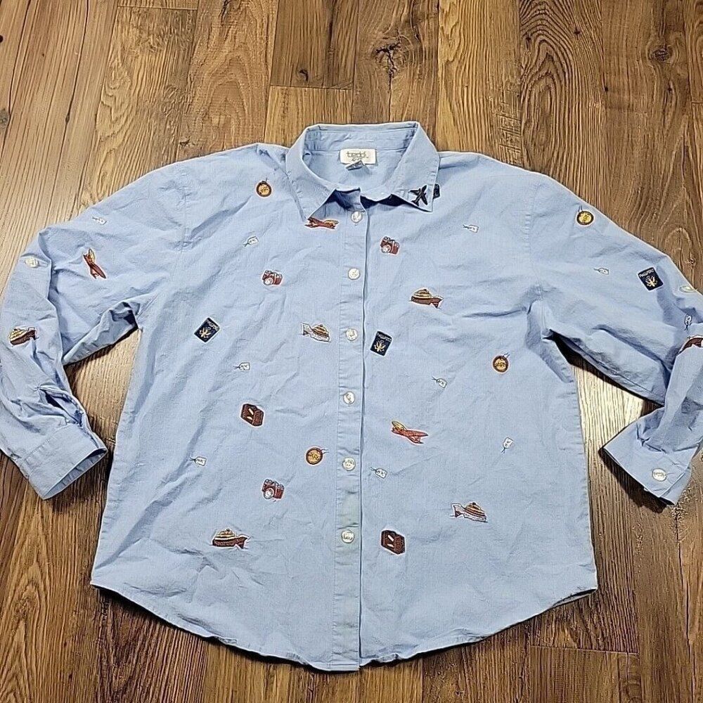 Vintage Teddi Shirt Womens XL Cameras Planes Embroidery Button Up Toll Tab STAIN